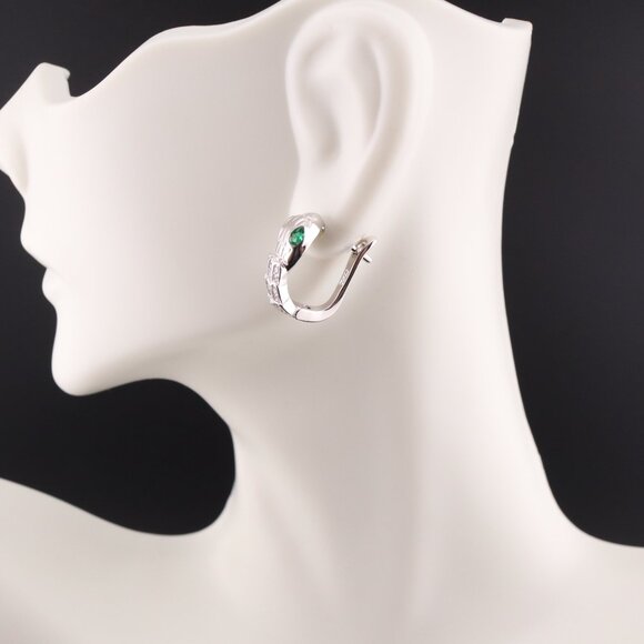Women's Sterling Silver Serpent Hoop Earrings with Green CZ Eyes Huggie Style ** - Picture 6 of 11